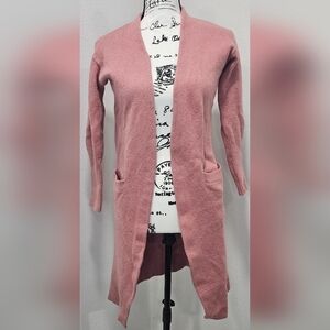 Halogen Women's Pink Front Open Cashmere Wool Long Cardigan with Pockets Small